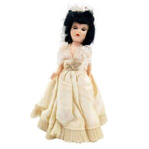 Vintage Sleep Eye Doll Brunette White Lace Dress Hard Plastic 1950s Style 6.75"